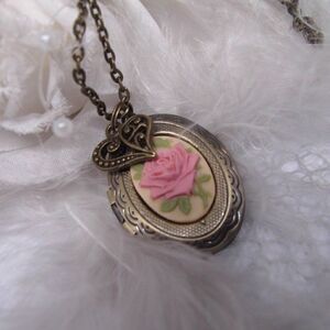 Petite Rose Cameo Bronze locket Heart Necklace